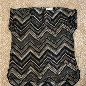 Pink Republic Graphic Gray and Black Blouse with Mandarin Collar